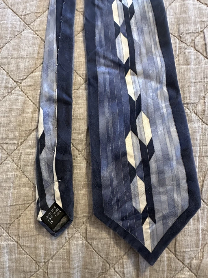 Stacy Adams 100% Silk Neck Tie Blue Handmade Art Deco Geometric - Image 1 of 4