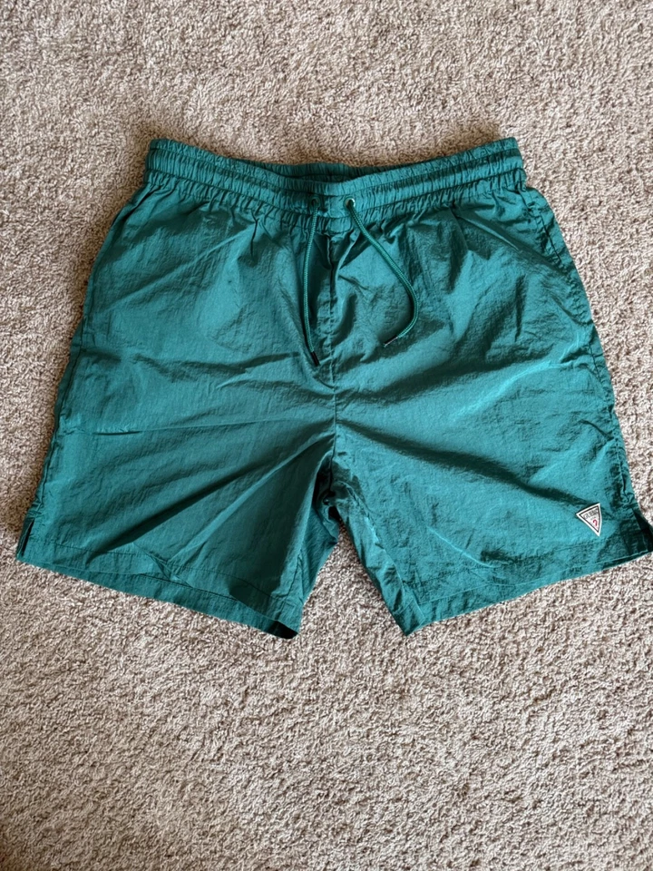 Vintage New GUESS Los Angeles Men's Large Dark Green Nylon Athletic Sport Shorts - Image 1 of 4