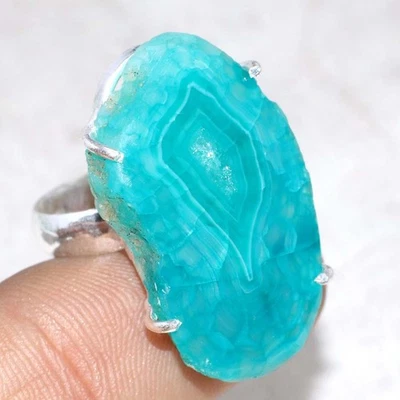 Anillo enchapado en plata 925 azul Botswana Druzy rebanada joyería tamaño EE. UU. 6 JW Foto 1 de 3