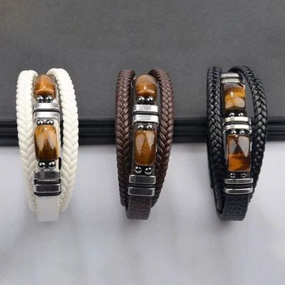 Magnetic Clasp Bangle Men's Tiger Eye Stainless Steel Leather Braided Bracelet - Image 1 of 4