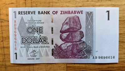 ONE ZIMBABWE DOLLAR AA UNCirculated 2007.  Currency Hyperinflation Trillion - Image 1 of 3