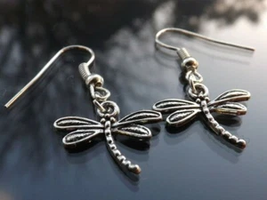 Silver Dragonfly Dangle Drop Earrings for Pierced Ears - Picture 1 of 2