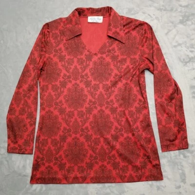 Винтажный Lucky топы рубашка женщин средний красный дамасский печать V шеи диско богемное мод 90-х  - Изображение 1 из 4