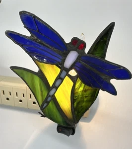 J J Peng Dragonfly Stained Leaded Glass Night Light 5" Blue Yellow - Picture 1 of 8