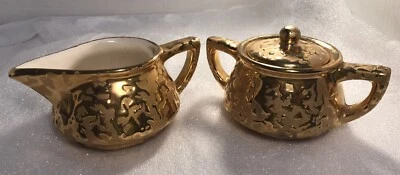 McCoy 24K Weeping Bright Sunburst Gold Creamer and Sugar Bowl w Lid 1957 - Image 1 of 4