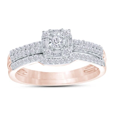 1/3 CT. T.W. Juego nupcial con marco cuadrado de diamantes CERTIFICADO en oro rosa de 10 quilates Foto 1 de 4