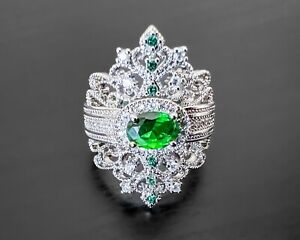 Sterling Silver Plate Green Lab-Created Emerald White Engagement Wedding Ring
