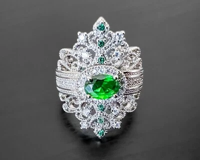 Anillo de boda de compromiso blanco esmeralda creado en laboratorio verde placa de plata de ley Foto 1 de 4