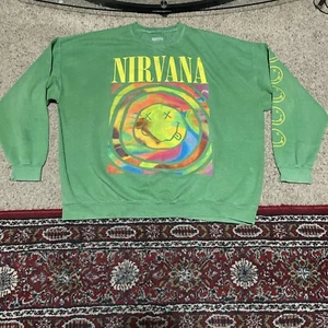 Felpa uomo Nirvana oversize verde faccina sorridente manica lunga girocollo L/XL - Foto 1 di 8