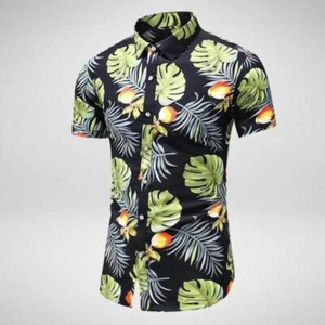 Men's Slim Fit Short-Sleeve Printed Shirt, Pointed Collar, Polyester Blend, Casu - Picture 1 of 80