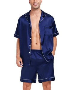 Men Satin Silk Pajamas Sets Short Sleeve Sleepwear Button-Down PJs Sets Two-P... - Picture 1 of 6