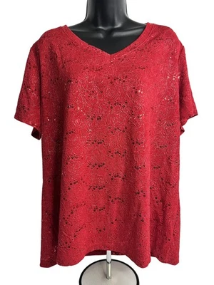 White Stag Shirt Womens 2XL 20 Red Sequin V-Neck Short Sleeve Stretch Top Party - Image 1 of 4