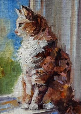 Cat# 206 Original ACEO Oil Painting,  ATC by Lee Ellen Smith - Image 1 of 3