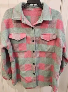 Oversized Heavyweight Green Pink Plaid Cozy Brushed Shacket L Sping Fall Wear - Picture 1 of 3