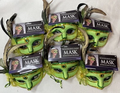 Lote de 6 Disfraz Mascarada Máscara Bosque Hada Verde Dorado Lentejuelas Joyas Plumas Foto 1 de 4