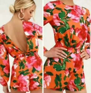 Lulu’s Sweetest Song Orange Floral Romper shorts  Size small