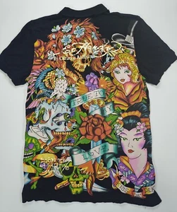 Ed Hardy Christian Audigier Short Sleeve Polo Shirt Beautiful Ghost BLACK NEW - Picture 1 of 16