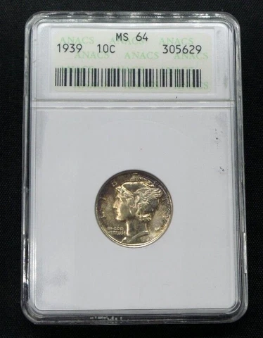 1939 Mercury 10c Dime ANACS MS 64 Old Holder  - B823 Cover