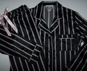 NWT Linea Donatella BLACK/WHITE STRIPE Satin Pajama/Lounge Set M Pink Trim GREAT - Picture 1 of 5