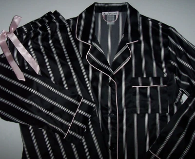 NWT Linea Donatella BLACK/WHITE STRIPE Satin Pajama/Lounge Set M Pink Trim GREAT - Image 1 of 4