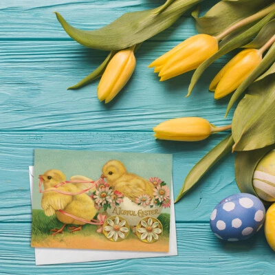 Easter Greeting Card Spring Victorian Cute Pretty Chick Chicken Vintage C09 - Image 1 of 3
