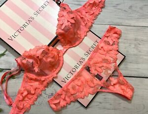 Victoria's Secret VERY SEXY Unlined Floral Embroidered Demi Bra Set Bright Coral
