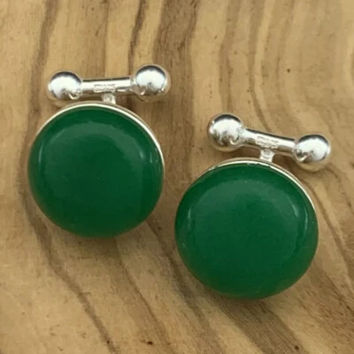Novas abotoaduras feitas à mão cabochão verde jade pedra preciosa prata esterlina 925 - Imagem 1 de 4