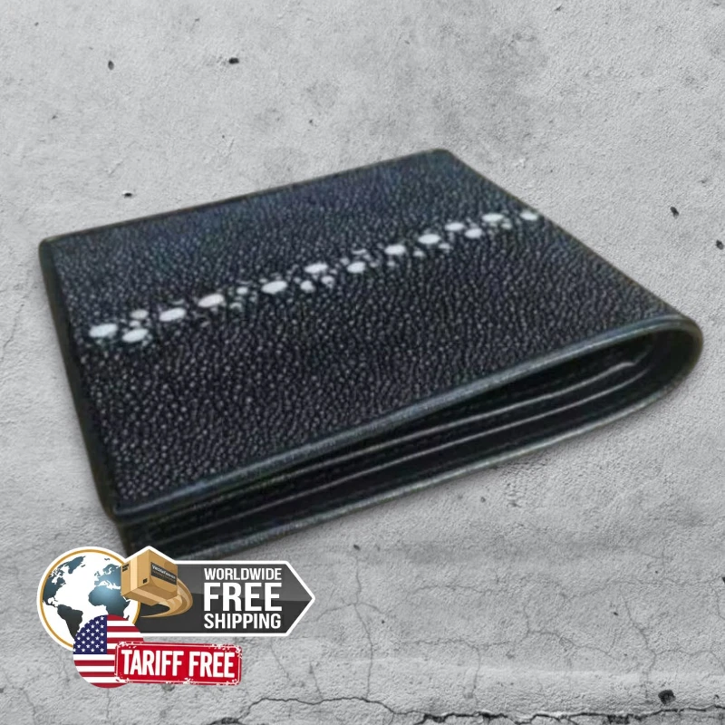 Cartera de hombre negra de cuero genuino de raya doble pliegue con patrón de ojos de pera Foto 1 de 4