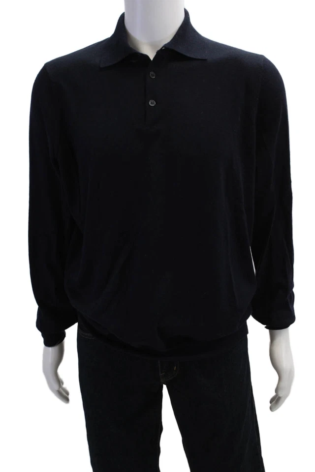 Brunello Cucinelli Mens Point Collar Polo Dark Blue Wool Cashmere Size L - Image 1 of 4