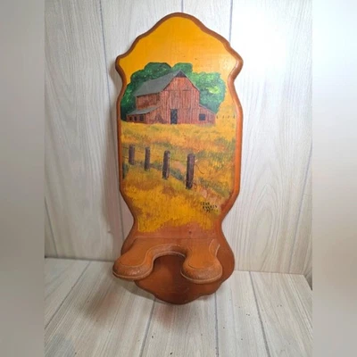 Vtg 1984 Handpainted Wood Rustic Barn Wall Oil Lamp Holder Decor Artist Sighned - Image 1 of 4