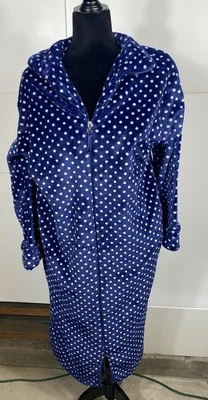 Oscar De La Renta Women Robe House Coat Plush Large/XL Full Zip Blue Polka Dot - Image 1 of 4