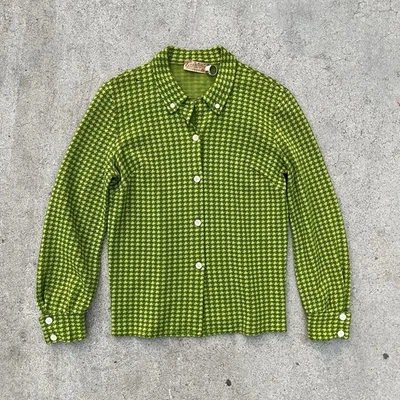 Camisa De Colección Años 50 60 Lana Doble Verde Pata de Gallo Gitex Cuello Lazo Pequeña Foto 1 de 4