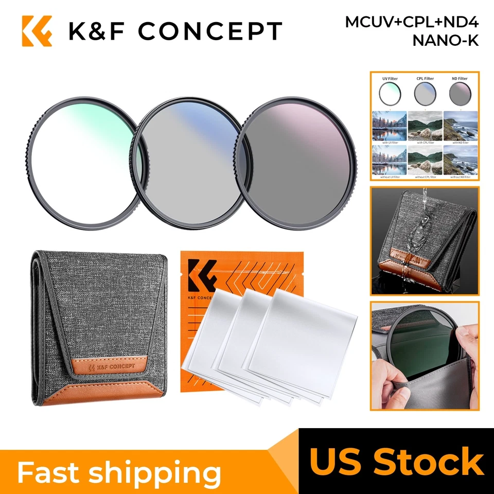 K&F Concept UV/CPL/ND4 Lens Filter Kit +Filter Bag+3 Pcs Cleaning Cloth 37-82mm - Image 1 of 4