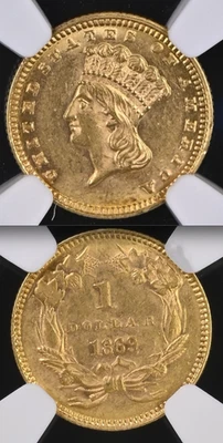 1869 MS61 NGC 5900 Minted! $1,753 PCGS PG! Pop 93 ALL Grades! $1 Gold Dollar KEY - Image 1 of 4