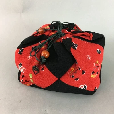 Bolso japonés con cordón de tela de colección bolsa kimono de tela negro rojo Manekineko KB8 Foto 1 de 4