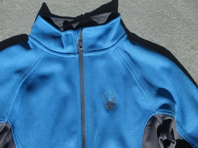 SPYDER Boy BLUE Gray FLEECE Lined Knit SWEATER JACKET Full Zip Collar Sz L 14/16 - Image 1 of 4