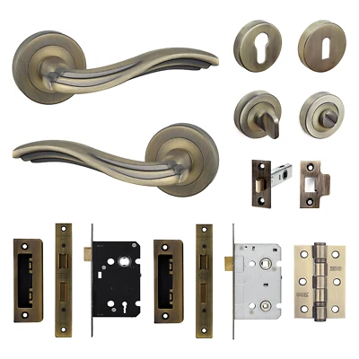 Antique Brass Internal Door Lever Handle Pack Latch Sash Bathroom Lock Kit Set - Image 1 of 4