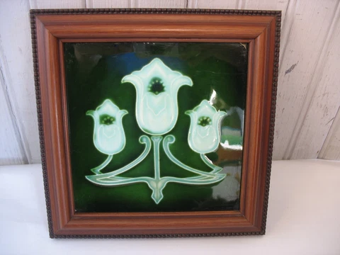 Antique 8" majolica tile Framed green Art Nouveau Floral Arts Crafts Cover