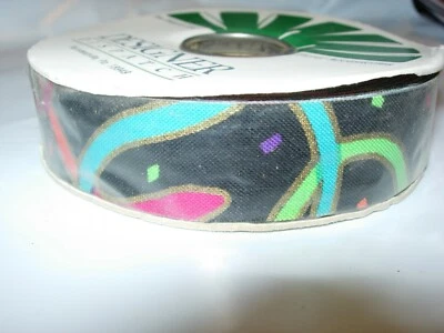 BLACK MULTI COLOR GIFT WRAP PARTY FLORAL FABRIC CraftS SPOOL Ribbon 1"   - Image 1 of 4
