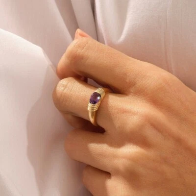 Oval Cut Amethyst 14K Yellow Gold Plated Over 925 Silver Art Deco Promise Ring - Image 1 of 4