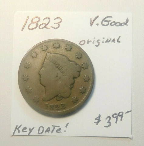 1823 ORIGINAL CORONET KEY DATE U.S. LARGE CENT - V.G. ORIGINAL, NEVER CLEANED!!! Cover