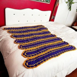 PURPLE & GOLDEN YELLOW 70s 1970’s Vintage Acrylic Hand Knit Afghan Blanket Throw - Picture 1 of 9