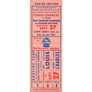Rare 1950 Pabst JOE LOUIS EZZARD CHARLES Boxing Match Barside Seat Full Ticket - Picture 1 of 3