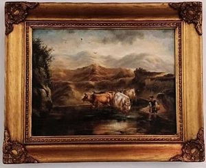 Ölbild Holz handgemalt signiert U. Becker Kühe im Wasser Bäuerin Gemälde Rahmen - Bild 1 von 9