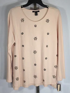 Large Shirt Peach Floral Beaded Long Sleeve 100% COTTON Style&co L Top - Picture 1 of 4