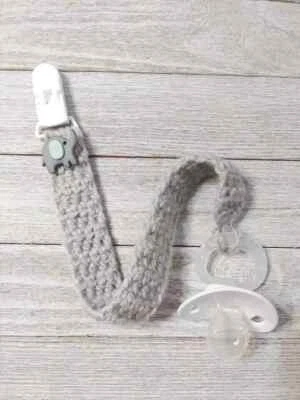 crochet handmade baby pacifier clip elephant holder dummy strap gray - Image 1 of 2