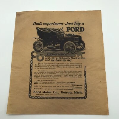Replica 1905 Ford Model B, C, F & D Dont Experiment Just Buy A Ford Print Ad - Image 1 of 4