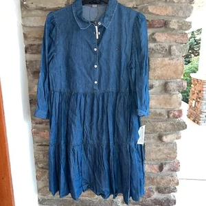 TOMMY HILFIGER Chambray Tiered Button Front Long Sleeve Shirt Dress Blue 12 NWT - Picture 1 of 4