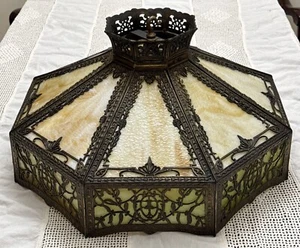 Antique Hanging Bronze Slag Glass Pendant Light Ornate Gothic - Picture 1 of 10