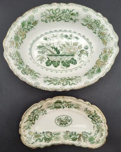 Antique J & G Meakin Green Japan Pattern 9" Serving Bowl & 7" Butter Dish - Picture 1 of 6